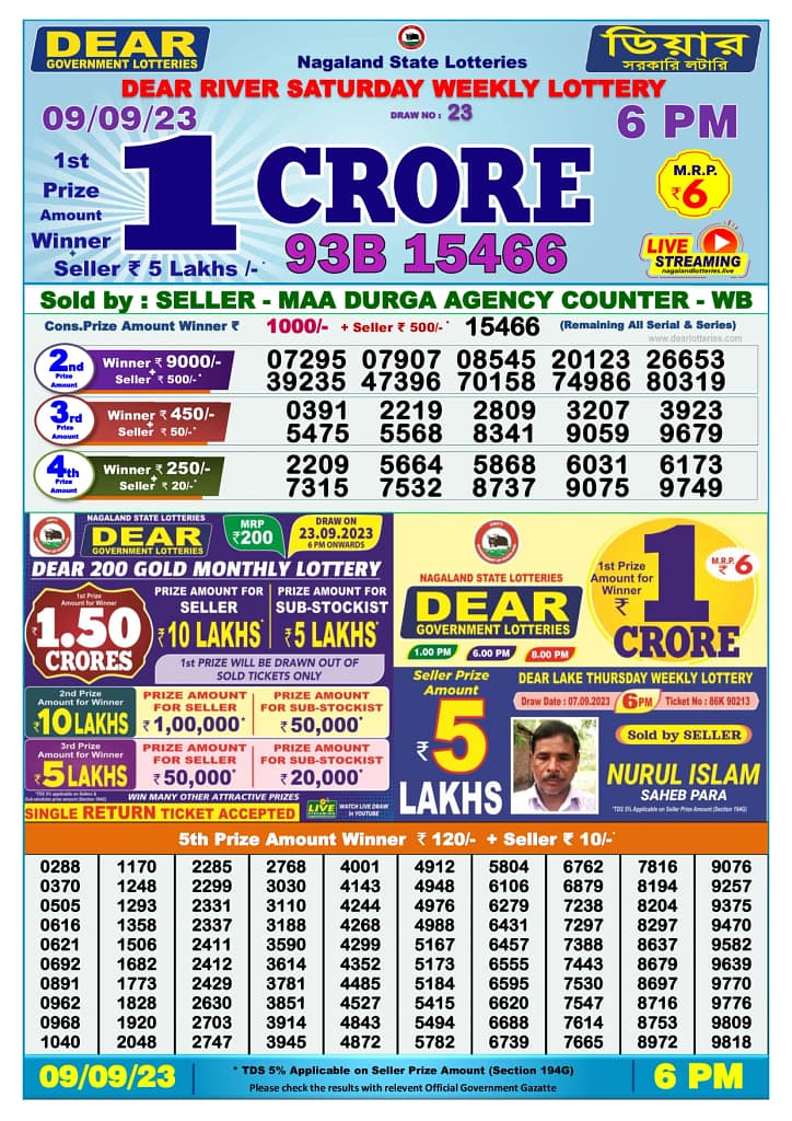 Dear Lottery Result Today 6pm 29-9-2023